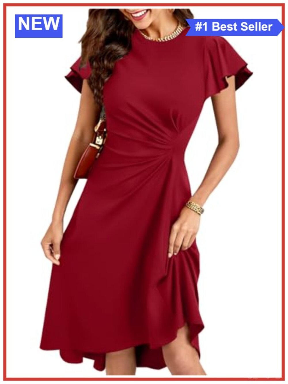Elegant Ruffle Sleeve Ruched Waist High Low Midi Cocktail Party Dress